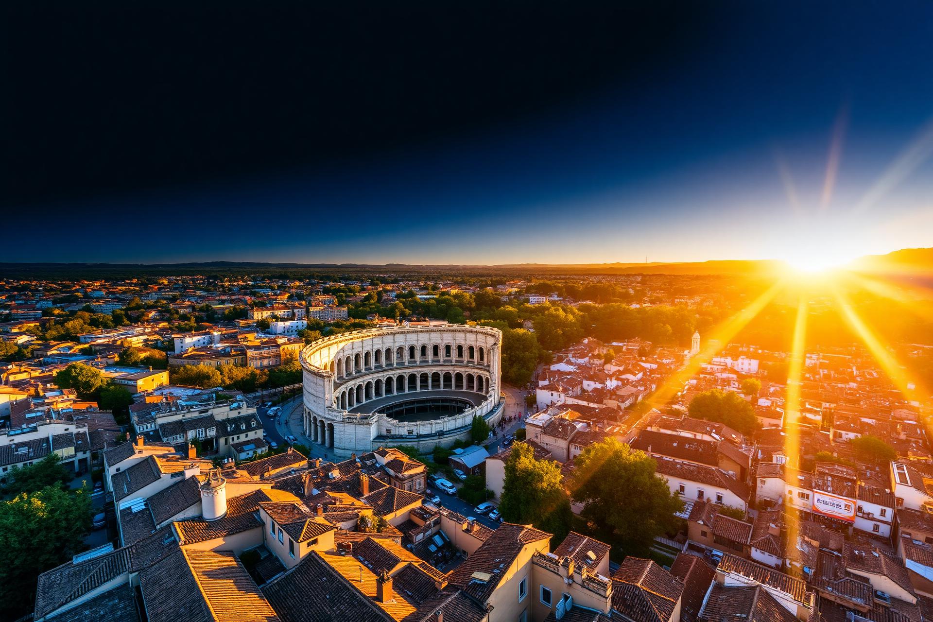 Vue aérienne des arènes de Nîmes au coucher du soleil